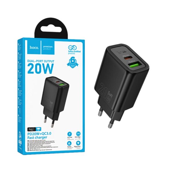 Adaptador Hoco N61 Gentle 2 Portas USB+Tipo-C PD20W GAN Preto