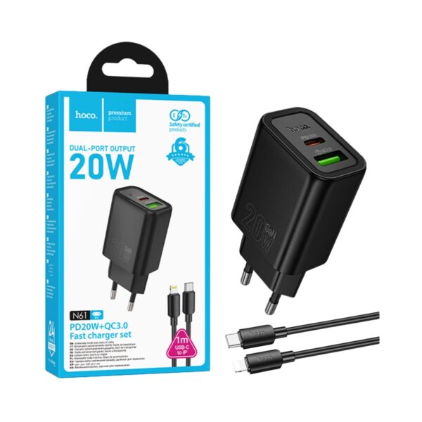 Carregador Hoco N61 Gentle 2 Portas USB+Tipo-C PD20W GAN com Cabo Tipo-C para Lightning 1m Preto