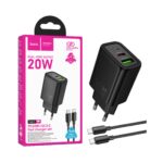 Carregador Hoco N61 Gentle 2 Portas USB+Tipo-C PD20W GAN com Cabo Tipo-C para Tipo C 1m Preto