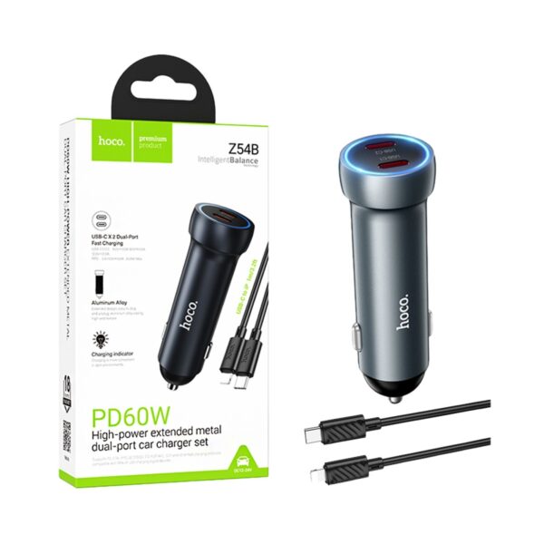Carregador de Carro Hoco Z54B Prosperous 2 Portas Tipo-C PD60W com cabo tipo C para Lightning 1m Cinza Metálico