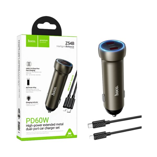 Carregador de Carro Hoco Z54B Prosperous 2 Portas Tipo-C PD60W com cabo tipo C para Lightning 1m Dourado