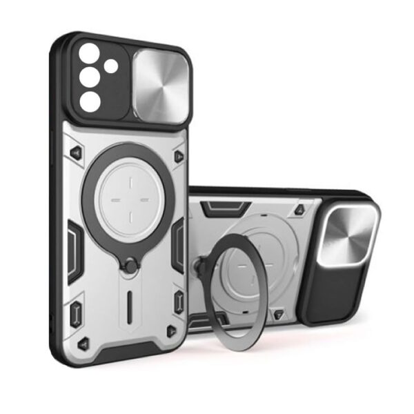 Capa Silicone Tpu+Suporte Samsung Galaxy A17 Prata Com Protetor De Camera