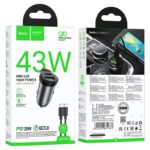 Carregador de Carro Hoco NZ16A Rigorous 2 Portas USB+Tipo-C PD43W com Cabo Tipo C para Lightning de 1m Cinza Metalizado - Image 6