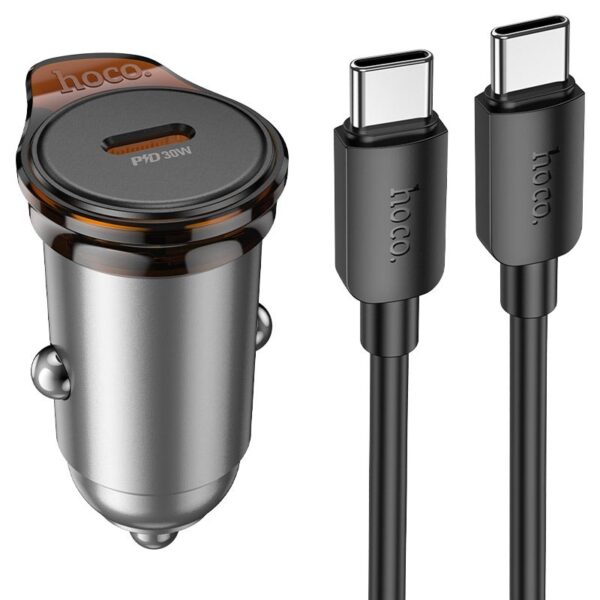 Carregador de Carro Hoco NZ16 Rigorous PD30W com Cabo Tipo-C para Tipo-C 1M Cinza Metálico