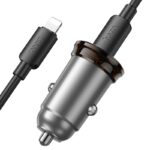 Carregador de Carro Hoco NZ16A Rigorous 2 Portas USB+Tipo-C PD43W com Cabo Tipo C para Lightning de 1m Cinza Metalizado - Image 4