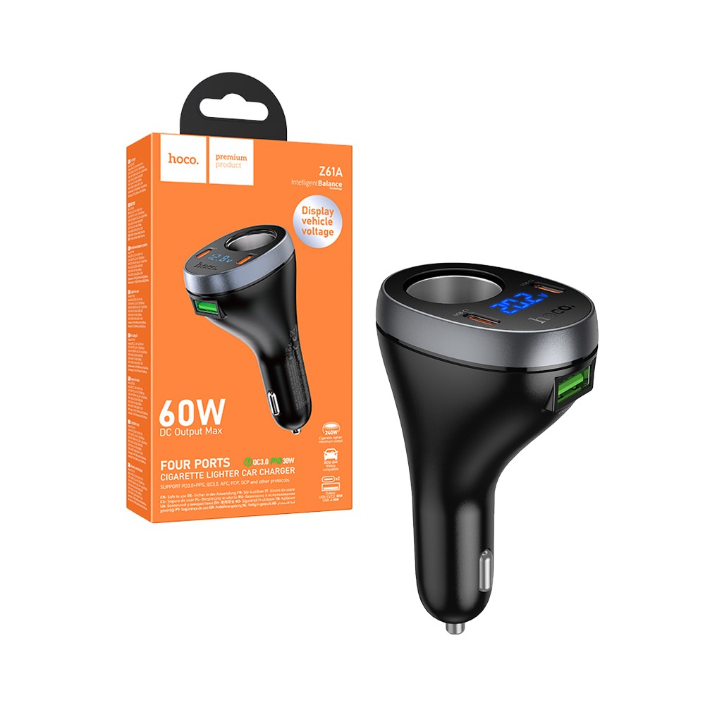 imgi_27_6942007658539-1000x1000 Carregador de Isqueiro Hoco Z61A Correct 2 Type-C+USB e 60W com Entrada para Isqueiro Preto - Image 1