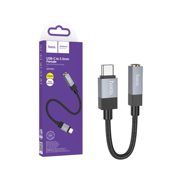 Cabo de Conversão de Áudio Hoco UPA32C Clever Tipo-C para fêmea de 3,5mm 15cm Preto
