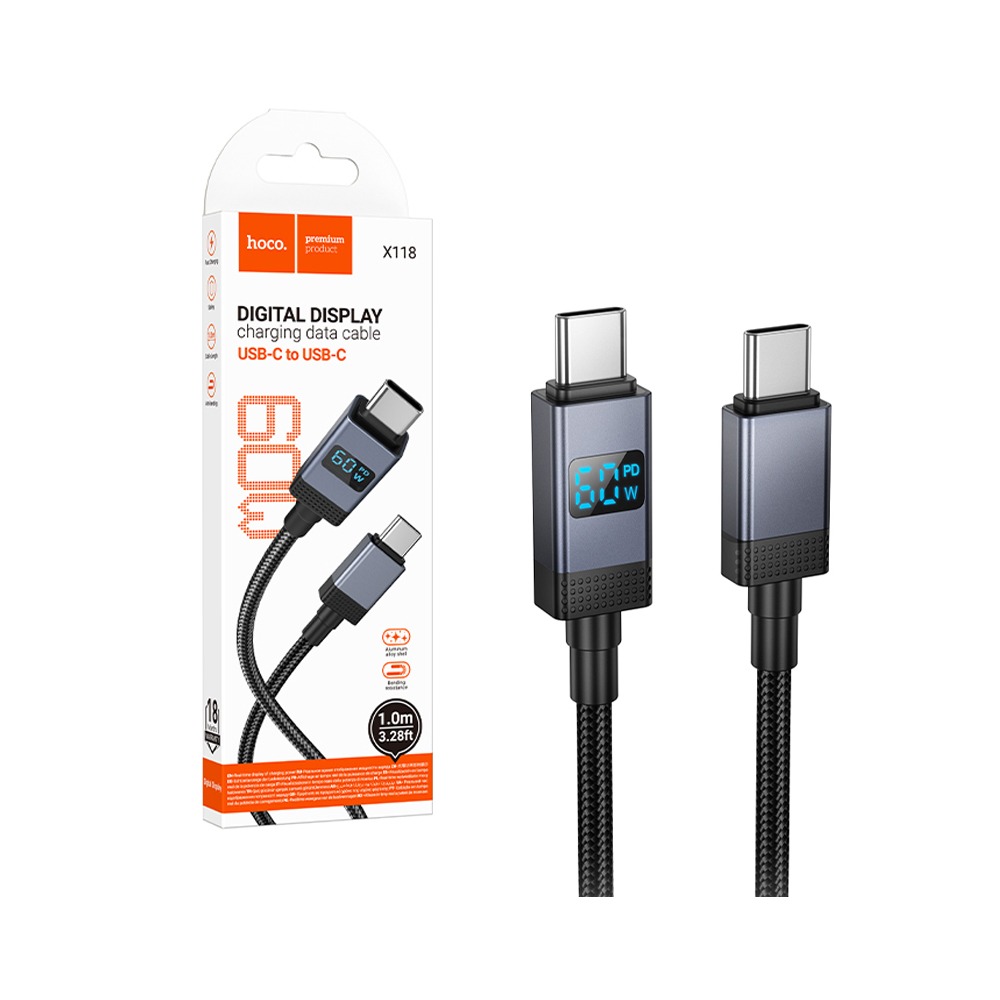 imgi_35_6942007655095-1000x1000 Cabo de Carregamento Hoco X118 Generous com Display 60W Tipo-C para Tipo-C 1M Preto - Image 1