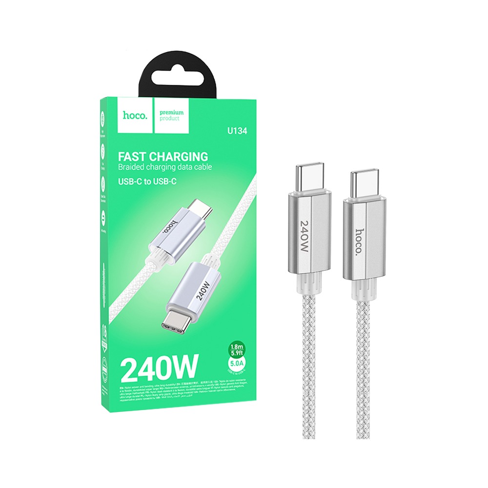 imgi_37_6942007620086-1000x1000 Cabo Hoco U134 Primero Tipo-C para Tipo-C 240W 5,0A 1,8m Cinza - Image 1