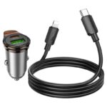 Carregador de Carro Hoco NZ16A Rigorous 2 Portas USB+Tipo-C PD43W com Cabo Tipo C para Lightning de 1m Cinza Metalizado